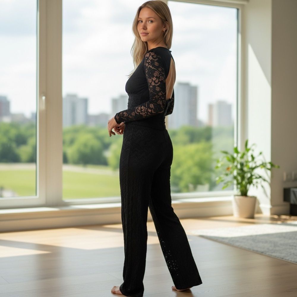 Vintage Veronique Young Elegant Black Lace 2 piece set
